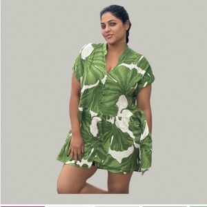 H&M White and Green Tropical Leaf Dress.